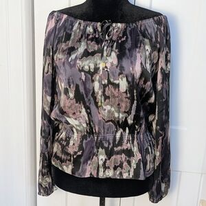 MICHAEL KORS Chic Women's Off The Shoulder Peplum Top Abstract Watercolor Sz S